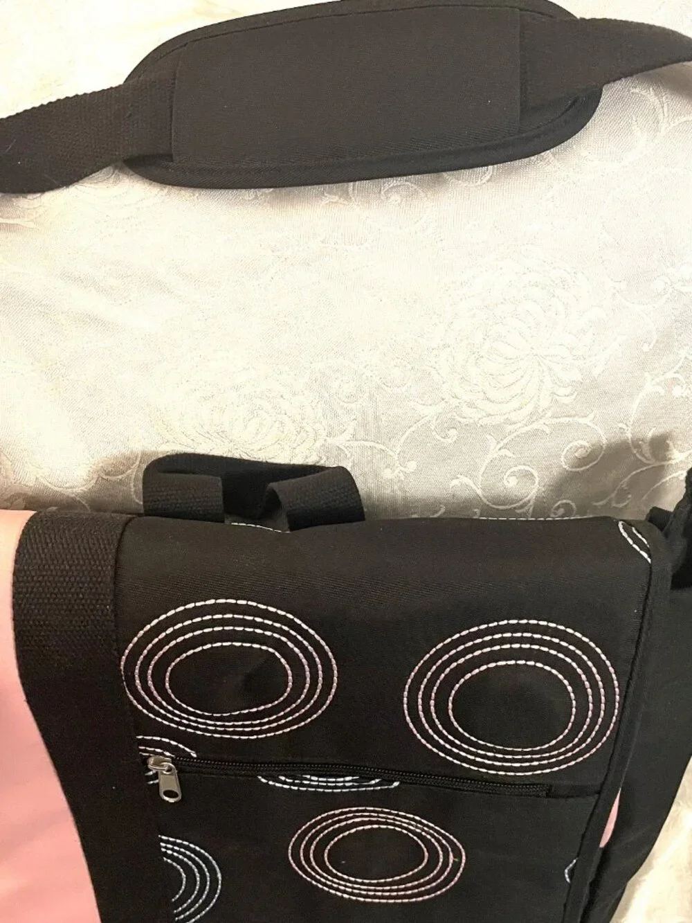 Nunzia Diaper Bag Faille Black and Pink Circle Stitches Convertible Crossbody